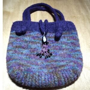 Handmade Felted Wool Tote Bag – Purple & Multicolor Striped with Beaded Accent